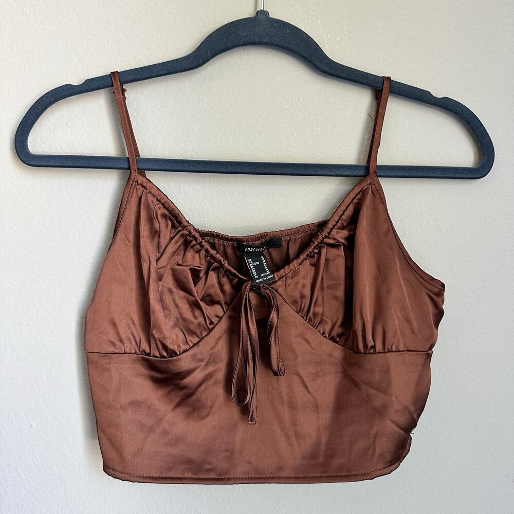 Forever 21 Brown Satin Babydoll Crop Top M Tie Front Ruched Y2K Coquette Cami